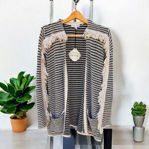 Knox Rose Fringe Boho Western Open Front Cardigan Pockets Sz XL Black Cream
